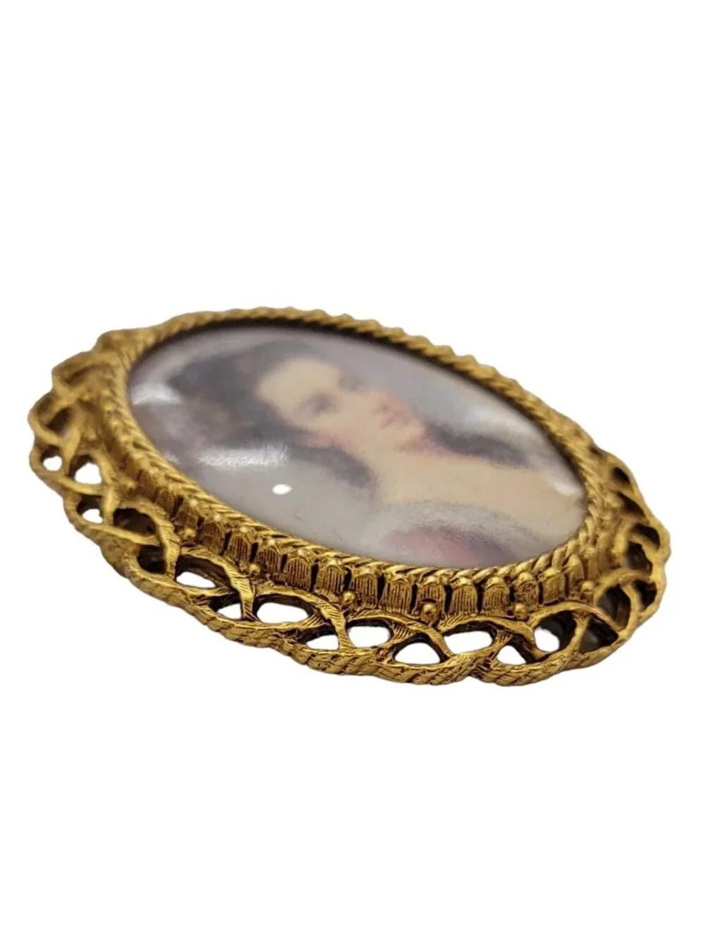 Florenza Gold Tone Cameo Print Lady's Portrait Brooch Pendant, Signed K565